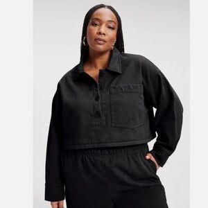 Good American Women's Black Cropped Fleece Polo Sweatshirt Size 5 / Women’s 2XL